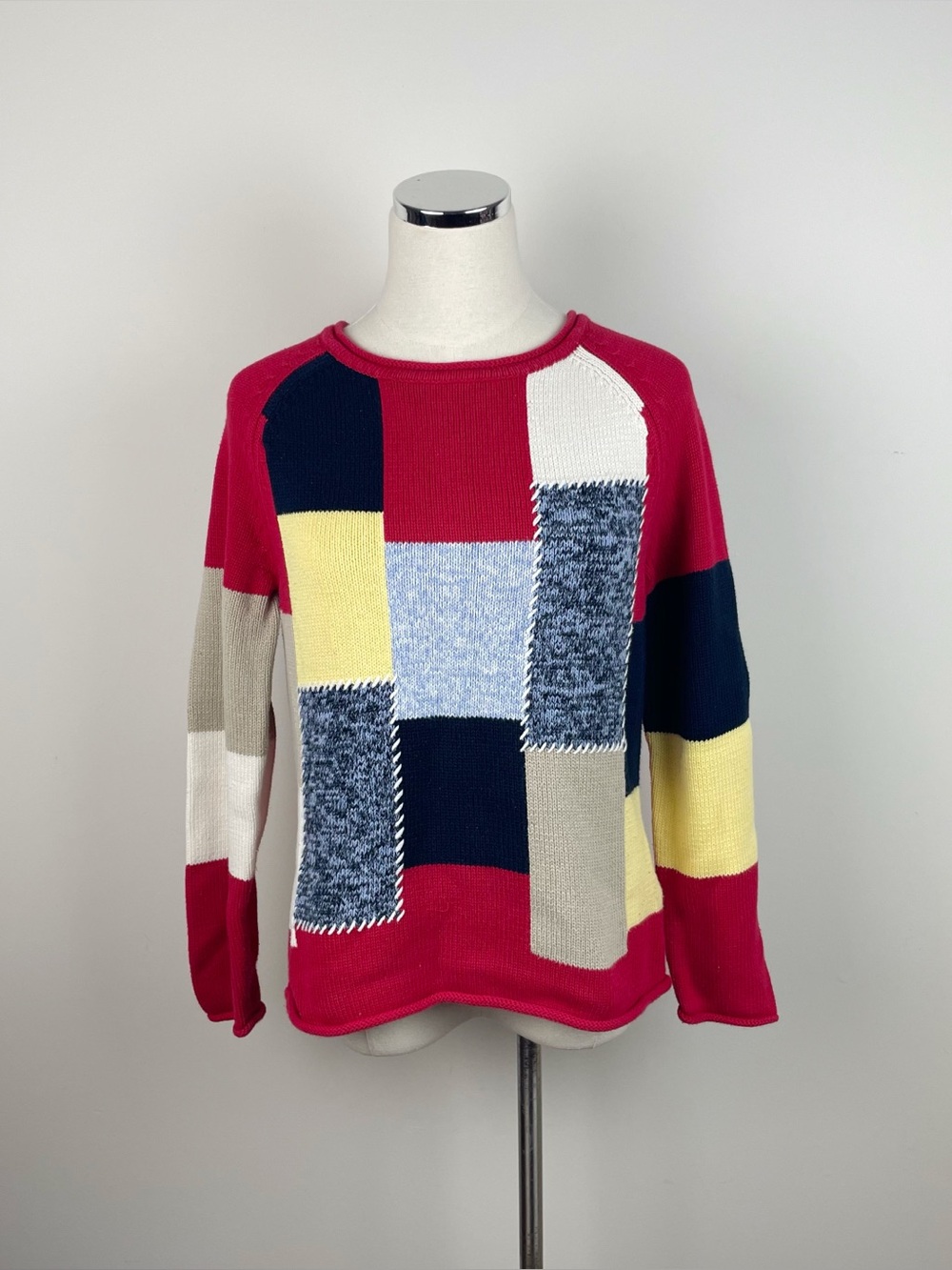 Jones Wear Sport Vintage Red Yellow Blue Color Block Knit Sweater Cottagecore